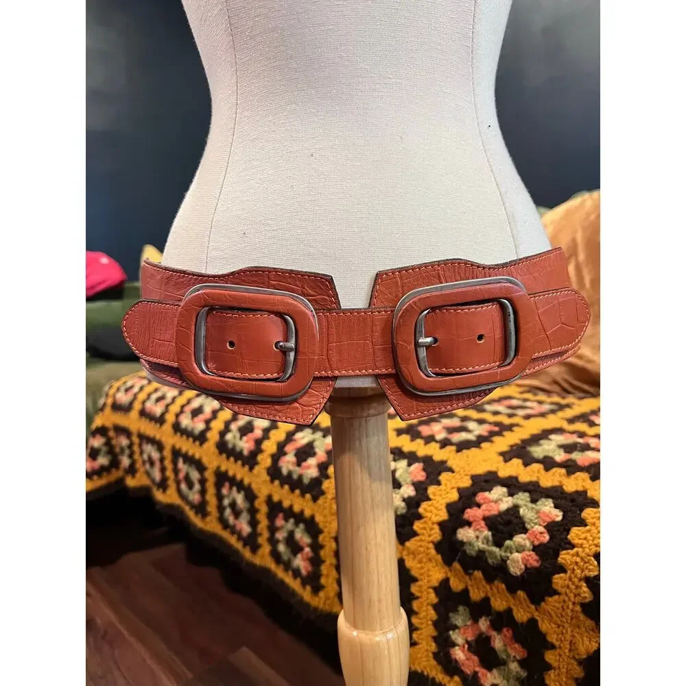 Vintage Italian Cognac Leather Wide Double Buckle Statement Waist Belt 31”-33”